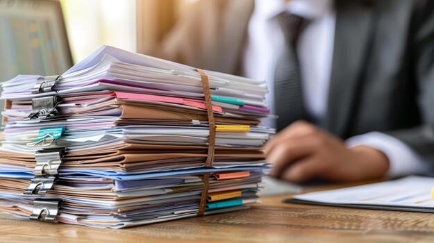 Focused accountant analyzing financial documents at computer amidst a large stack of papers photo
