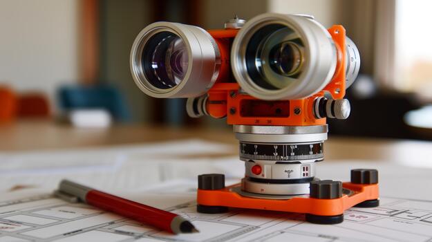 Close up of geodetic instruments for engineering theodolite, leveling rod, and project drawings photo