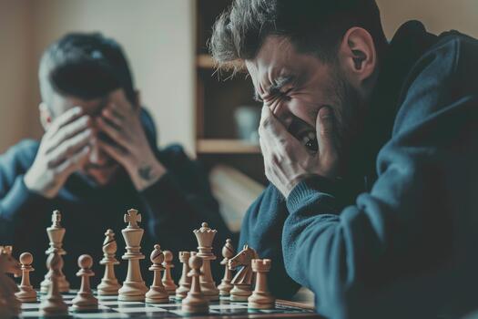 alegre ajedrez jugador prepara a moverse como adversario caras conmoción en intenso partido momento foto