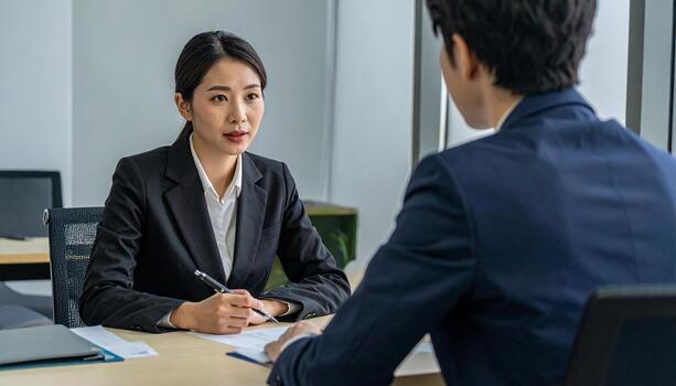 Back view of a job-hunting student and interviewer during a job interview photo