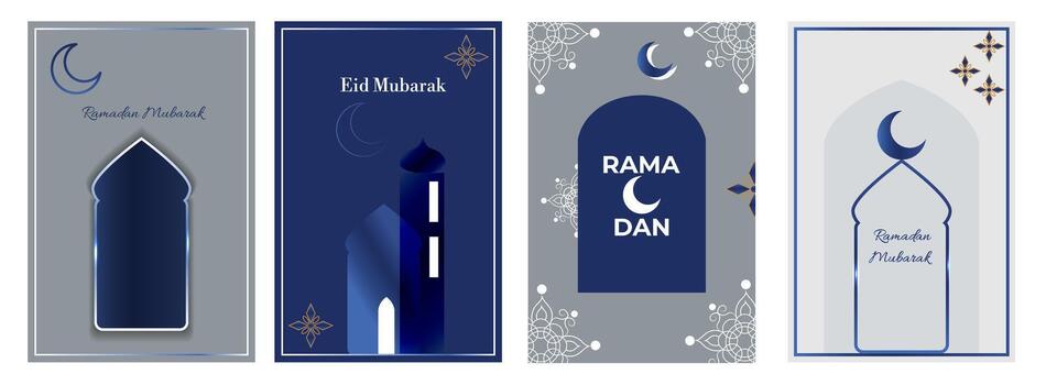A set of templates in dark blue and gray-white tones with images of a crescent moon, arched windows and silhouettes of a mosque. Minimalistic and modern style vector