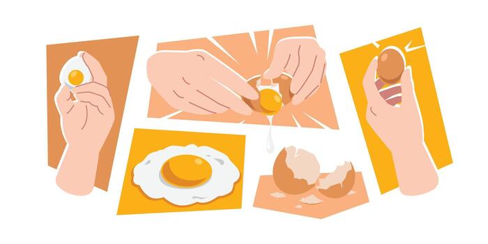 Egg collection hand with boiled egg, whole egg, cracking, fried egg, and eggshell. Graphic illustration. vector