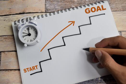 Concept of start into goal write on book with keywords isolated on Wooden Table. photo