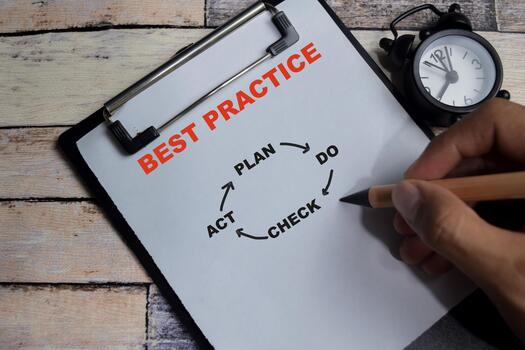 Concept of best practice with keywords write on clipboard isolated on Wooden Table. photo