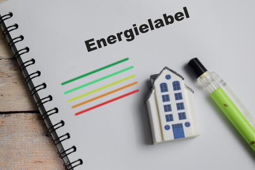 Concept of energielabel in German it means energy label write on book with keywords isolated on Wooden Table. photo