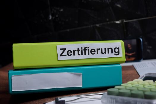Folders with the label zertifierung in German it means certification. Business management concept photo