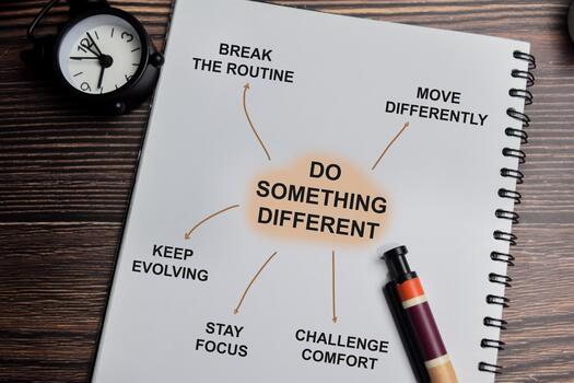 Concept of mind map. Do something different write on book with keywords isolated on Wooden Table. photo