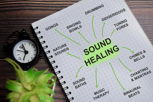 Concept of mind map. Sound healing write on book with keywords isolated on Wooden Table. photo