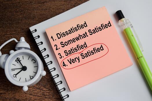 Concept of customer survey write on sticky notes isolated on Wooden Table. photo