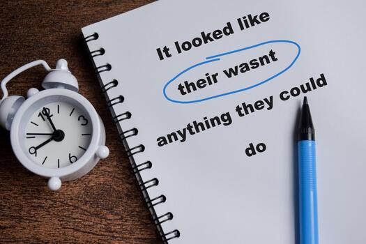 Concept of spell check write on book isolated on Wooden Table. photo
