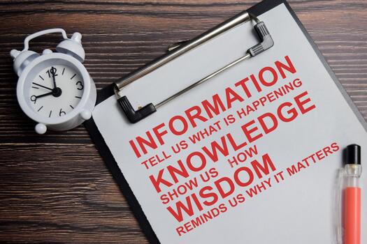 Concept of information tell us what is happening, knowledge show us how, wisdom reminds us why it matters write on clipboard isolated on Wooden Table. photo