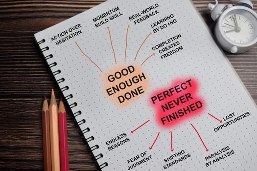 Concept of mind map. Good enough done - perfect never finished write on book with keywords isolated on Wooden Table. photo