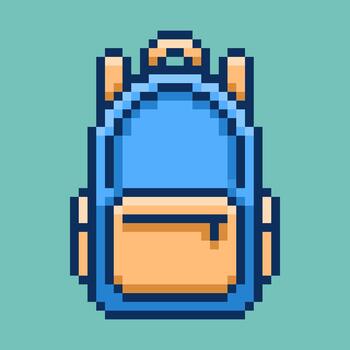 Classic blue school backpack designed in a clean retro pixel art style. This charming 8-bit illustration features a simple design with a yellow front zipper pocket and top handle vector