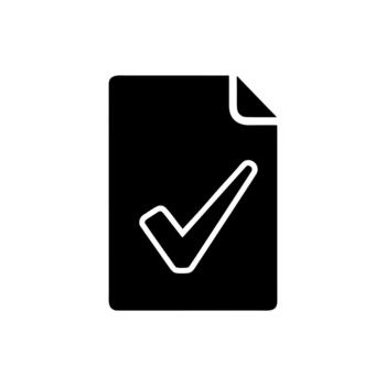 Black glyph icon of a verified document with a check mark, representing a completed task, successful validation, or approved checklist concept vector