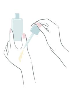Hands holding a dropper bottle and dripping serum from the pipette, displayed in an elegant outline style with soft tones. Represents skincare application steps vector