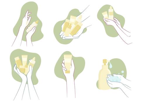 layout of multiple hand gestures holding and using various skincare items pump bottles, tubes, soap, and droppers. Soft color tones display beauty routines and cosmetic application steps. vector
