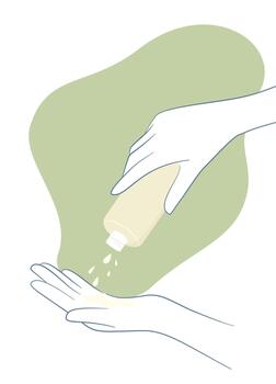Illustration of a hand pouring toner or liquid skincare onto another open palm, depicted with soft lines and a green abstract background. vector