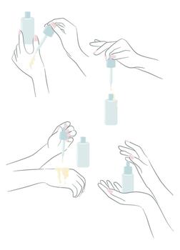 minimal illustrations of hands using a skincare dropper bottle, applying serum, and holding cosmetic containers. Shows sequences of skincare application in soft, clean lines. vector