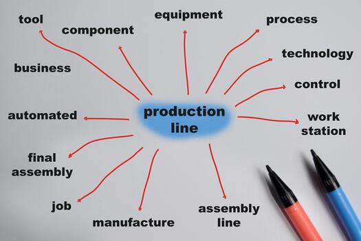 Concept of mind map production line write on book with keywords isolated on Wooden Table. photo