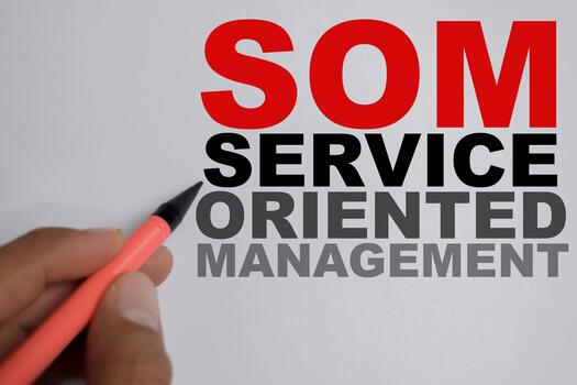 Concept of SOM - service oriented management write on book isolated on Wooden Table. organization leadership idea emphasizing service focus and professional efficiency photo