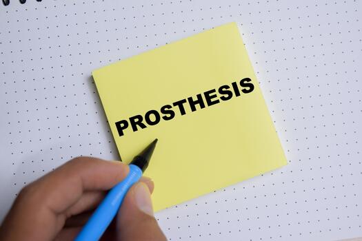 Concept of prothesis write on sticky notes isolated on Wooden Table. Representing artificial limb, implant and healthcare innovation photo