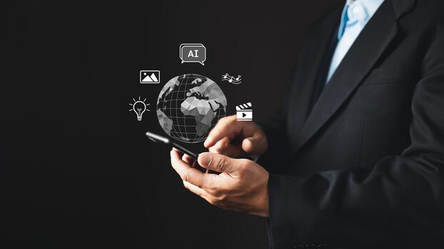 A businessman in a suit uses a smartphone with floating icons representing AI, content, creation, and digital services.Holographic elements include a globe, , music, and idea symbols. photo