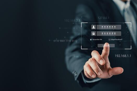 A businessman interacts with a virtual login interface displaying masked credentials, highlighting cybersecurity, password protection, secure access, and identity authentication in digital systems. photo