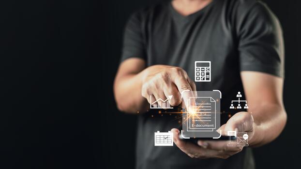 person interacts with a glowing e-document icon on a smartphone, surrounded by digital icons of charts, calendar, people, and calculator, symbolizing smart document management and workflow automation. photo