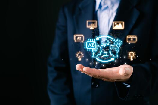 business professional presents a glowing holographic display show AI driven collaboration, innovation, and data exchange, emphasizing artificial intelligence's global impact on digital communication. photo