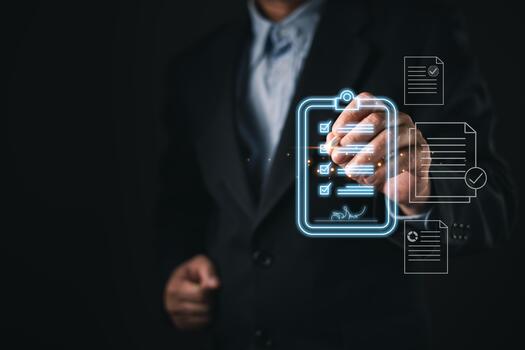 The futuristic interface highlight digital document security.businessman presents a glowing digital certificate icon with a verification checkmark,symbolizing authenticity,transparency,and leadership. photo