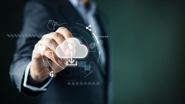 cloud server technology. businessman touch icon cloud computing. transfer data system, secure backup and consistency networking and internet service concept. Implementing storage tech in business. photo