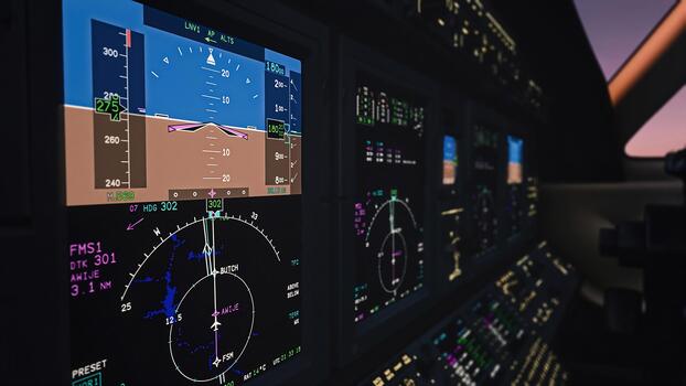 Digital displays and complex controls illuminate a modern aircraft cockpit, showcasing advanced avionics for precise navigation and real-time flight data during a professional operation photo