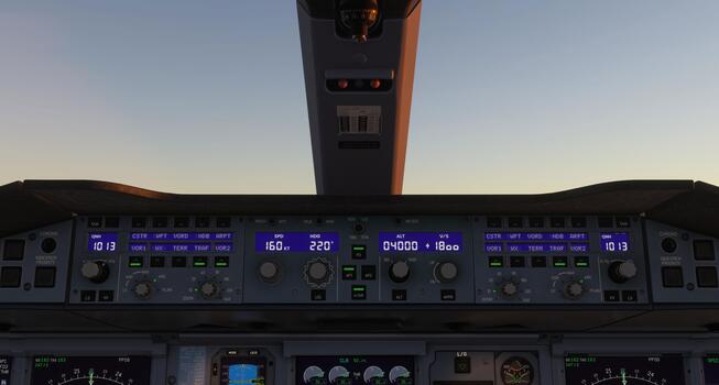 Professional perspective of an airliner's high-tech cockpit, highlighting the complexity of modern aerial navigation systems during a serene flight moment photo