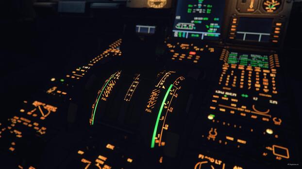 Intricate cockpit controls glowing in the darkness during a night flight, showcasing advanced aviation technology and precision instrumentation for navigation and operation photo