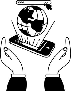 black and white illustration of A hand is holding a phone is showing a website address vector