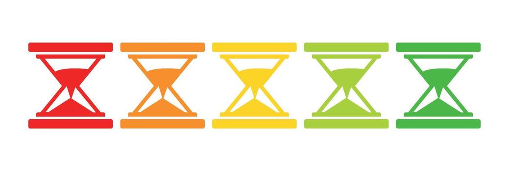 A row of five hourglasses in different colors ranging from red to green on a white background vector