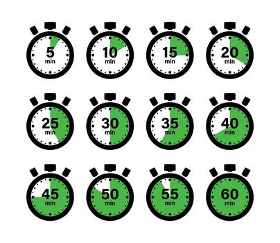 Twelve black and white stopwatches with green fill displaying time in increments of five minutes each vector