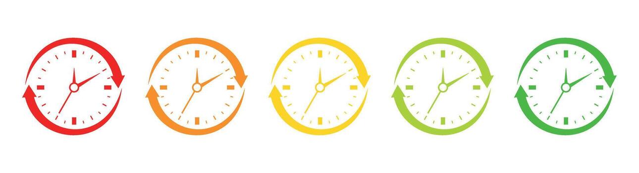 A row of five clocks with arrows around them, changing from red to green on a white background vector