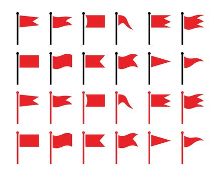 A grid of twenty four red flag icons with varying shapes on white background in a style vector