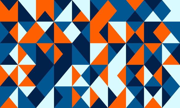 Vibrant geometric pattern featuring a dynamic interplay of orange, blue, and white triangles. This abstract design evokes feelings of energy, modernity, and creativity. vector