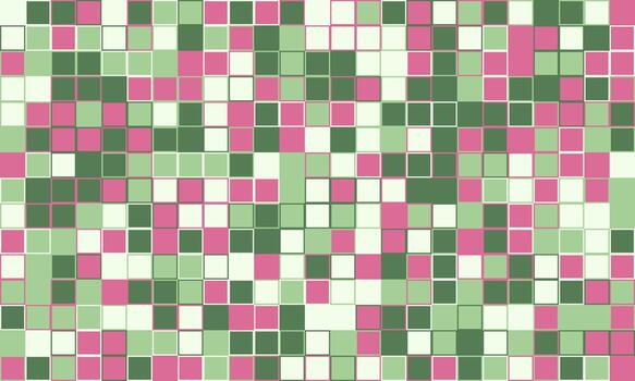 Abstract mosaic pattern with pastel pink, green, and white squares. Ideal for backgrounds, textiles, and website design. vector