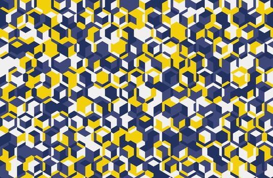 Vibrant abstract geometric pattern featuring interlocking cubes in navy, yellow, and white. Ideal for backgrounds, textiles, or modern design projects. vector
