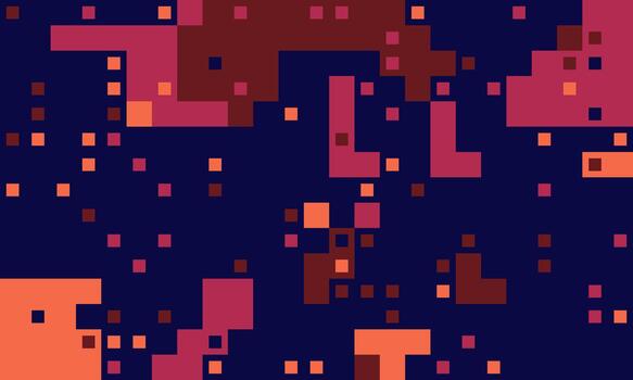 Abstract pixel art background. Vibrant red, orange, and maroon squares on a deep blue backdrop. Perfect for tech, gaming, or modern design projects. vector