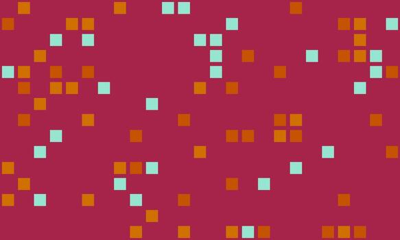 Abstract geometric pattern featuring scattered teal and burnt orange squares on a deep crimson background. Ideal for website banners, digital design, textiles, and modern presentations. vector