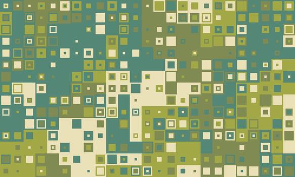 Abstract geometric pattern of varying sized squares in muted olive, teal, and beige tones. Ideal for website backgrounds, textiles, or modern design projects. vector