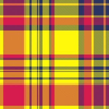 Bright plaid pattern with intersecting lines. A vibrant, warm textile background perfect for fashion, backgrounds, and creative projects. Captures texture and energy. vector