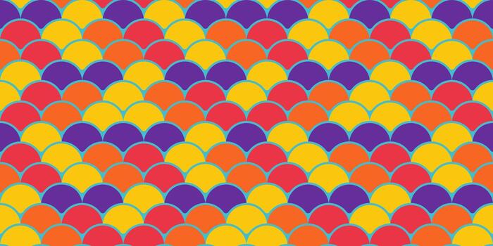 Vibrant, seamless pattern of overlapping semicircles in bold yellow, orange, red, and purple. Perfect for backgrounds, textiles, and playful designs. vector