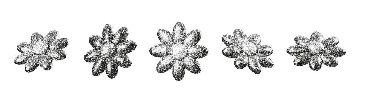 Dot and grain flower elements rendered with stipple noise form a subtle 3D botanical pattern. Halftone shading, dusty fade and retro grainy texture give the artwork a soft abstract mood vector