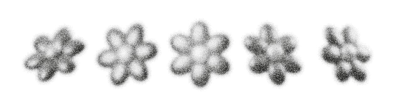Dot flower silhouettes with grain and stipple noise appear as floating 3D blooms. Gentle gradient shading, halftone texture and abstract lines create a soft botanical graphic atmosphere vector