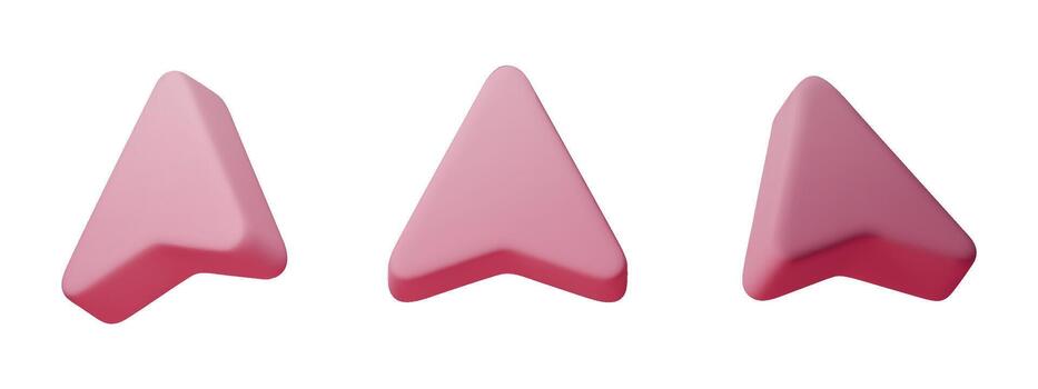 3D arrow icon set, glossy 3D arrow icons in soft pink. Smooth rounded shapes for navigation, UI elements, progress, direction, business growth and modern digital design vector